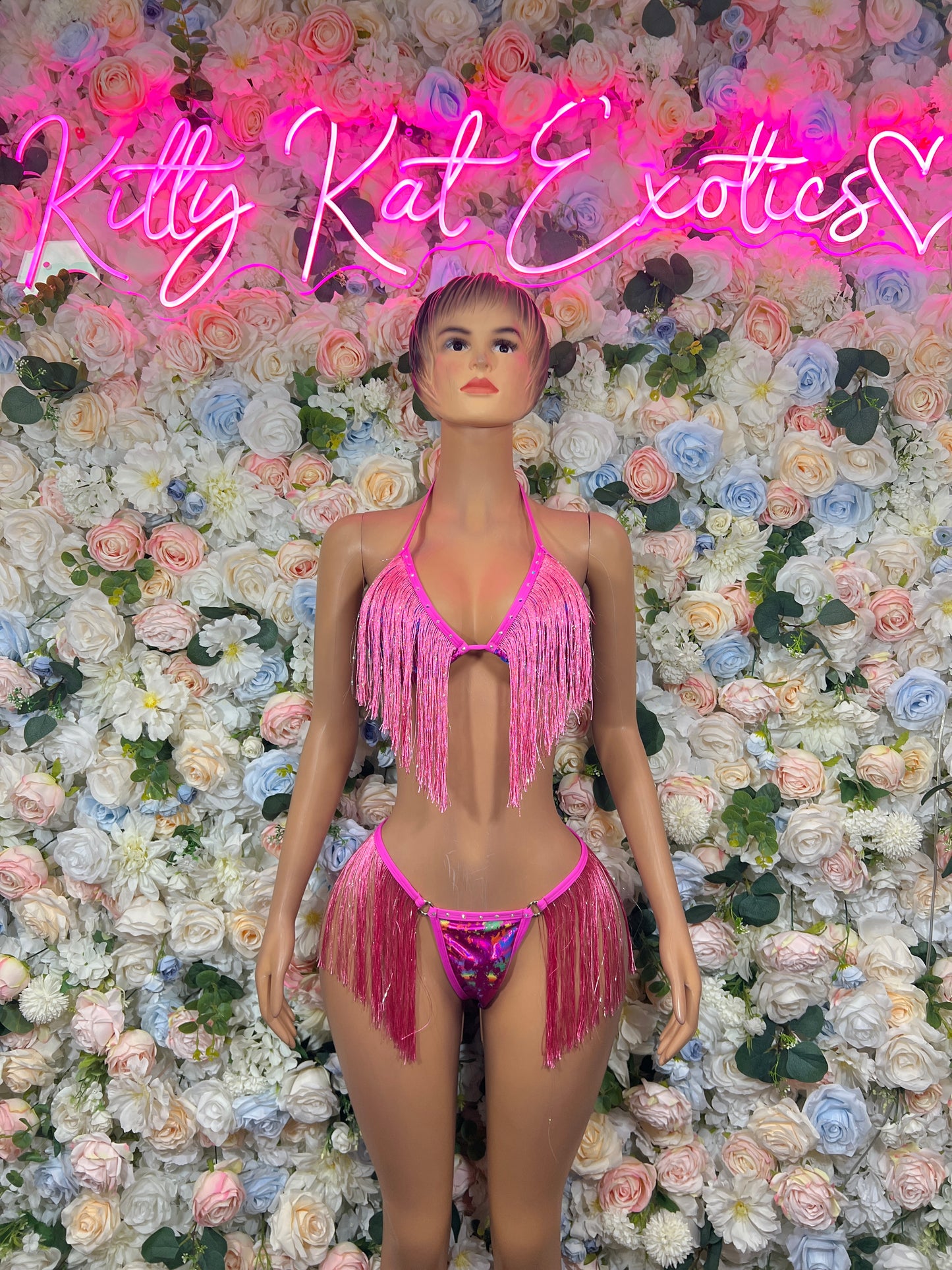 Hot Pink Holographic Metallic Two Piece Fringe Costume Set Rave Festival