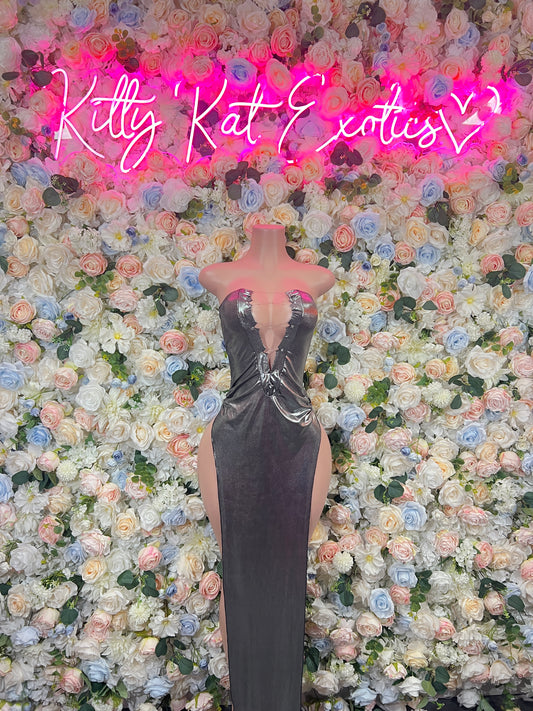 Silver Gown Exotic Dancewear   Elegant and Sexy Evening Gown for Performers, Events, or Special Occasions