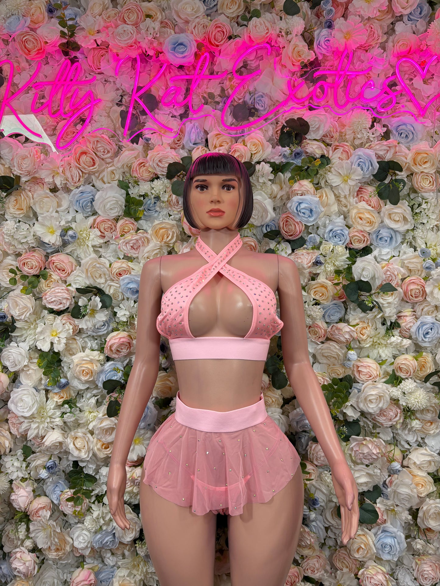 Pink rhinestone halter bra top and layered mini skirt set
