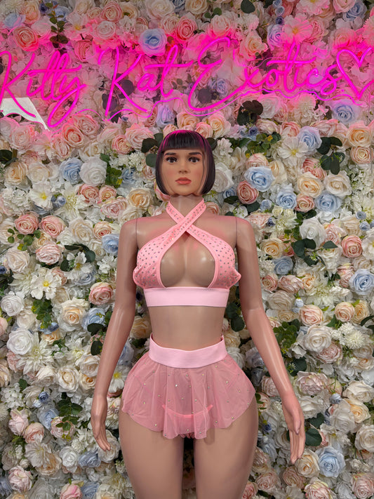Rhinestone Skirt Rave Outfit Pink Three Piece Set