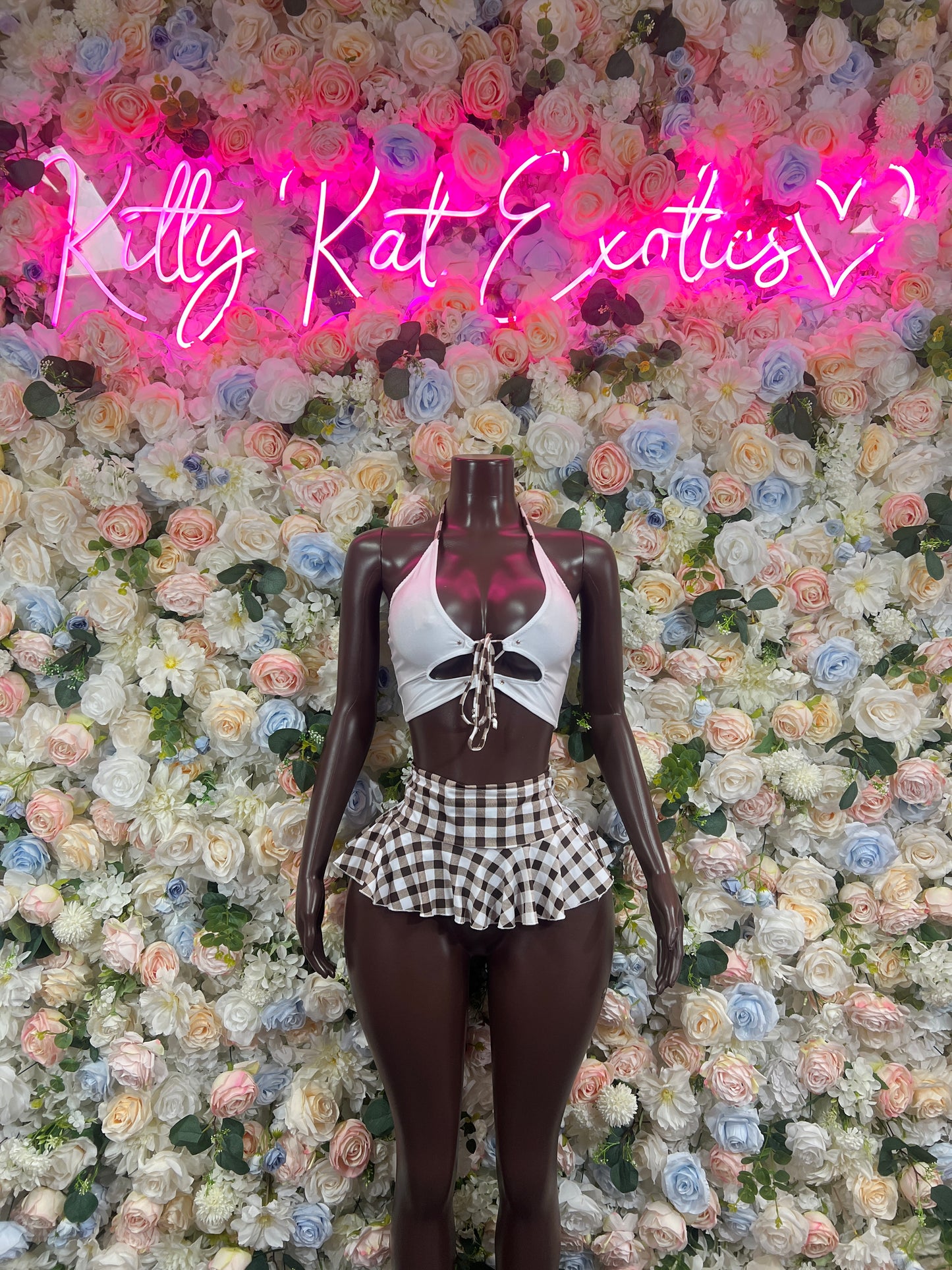 Schoolgirl Brown Plaid Two Piece Skirt Set Festival Set Ravewear Exotic Dancewear for Performers, Raves, & Festival Clothing