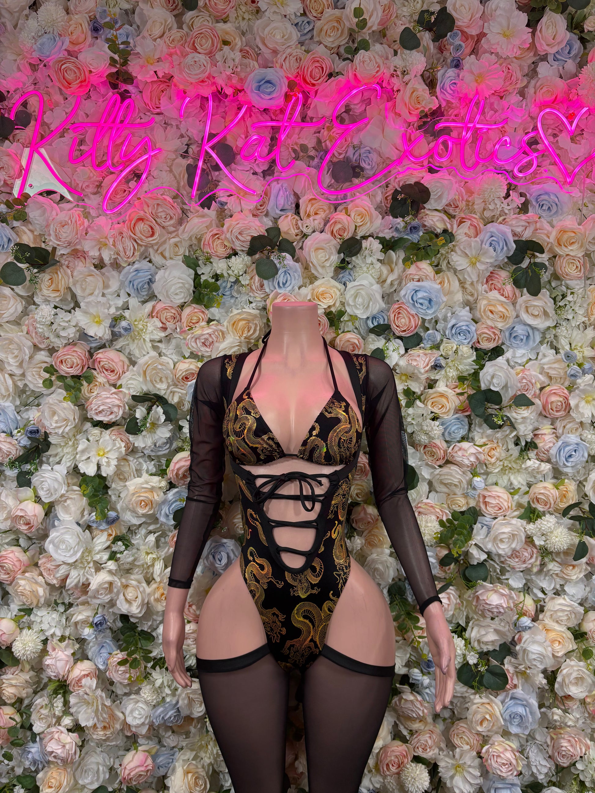 Dragon-print bodysuit with lace-up neckline, long sheer sleeves and cutout waist