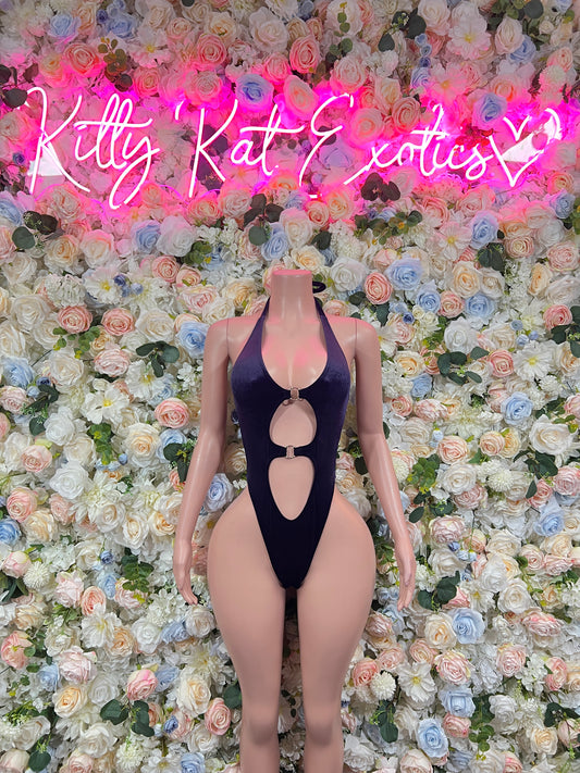 Dark blue one-piece bodysuit with halter neck, chest cutout, keyhole backless design