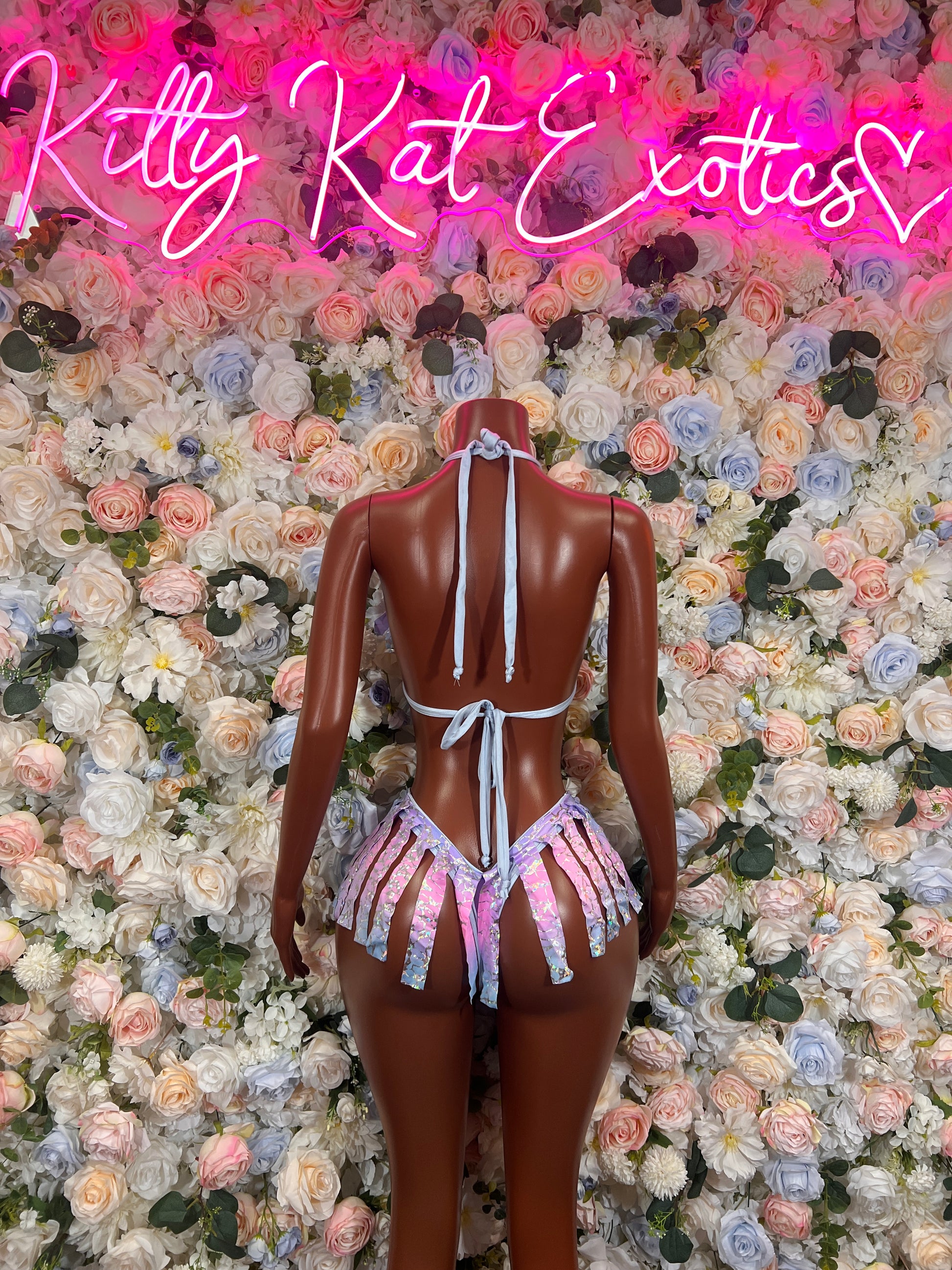 Iridescent holographic bikini set with thong straps and multicolor fringe back tie