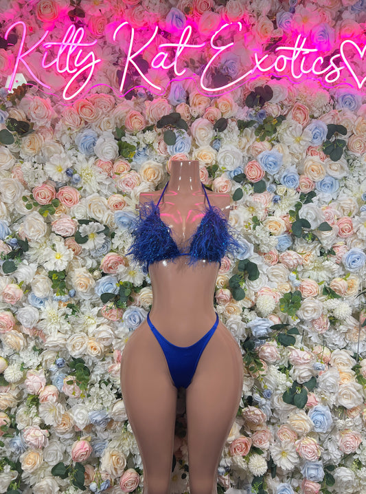 Blue feather-fringe bikini with fringe triangle cups