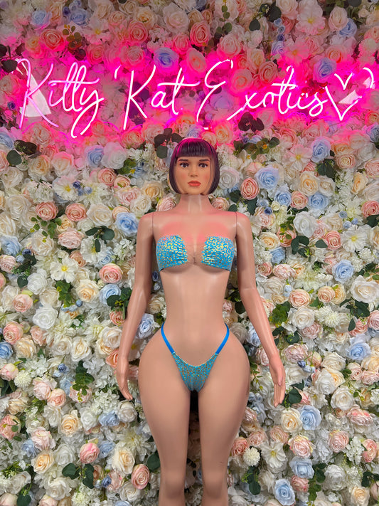 Rave wear Aqua Cheetah Two Piece Outfit, Bartender Uniform, Rave Festival Wear, Exotic Dancewear, Clubwear Costume, Waitress Set