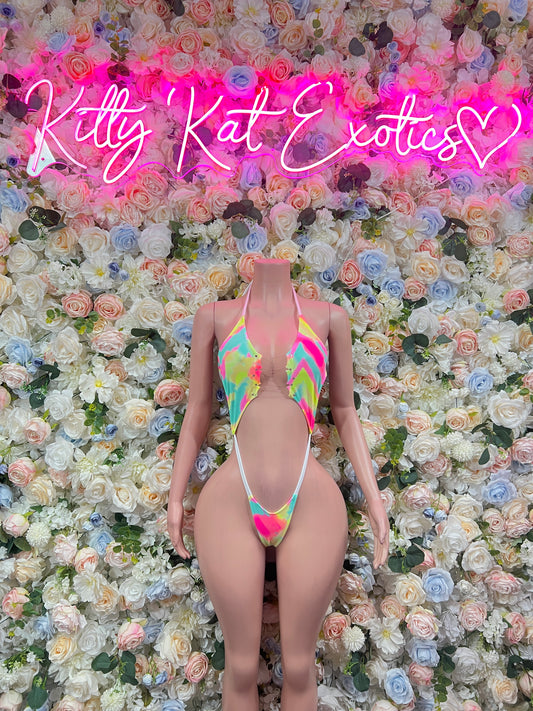 Multicolor strappy one-piece bodysuit with cheeky cut and rainbow zigzag front