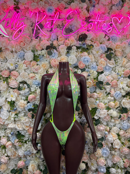 Metallic green rave bodysuit with halter neck and high-cut front, neon trim details