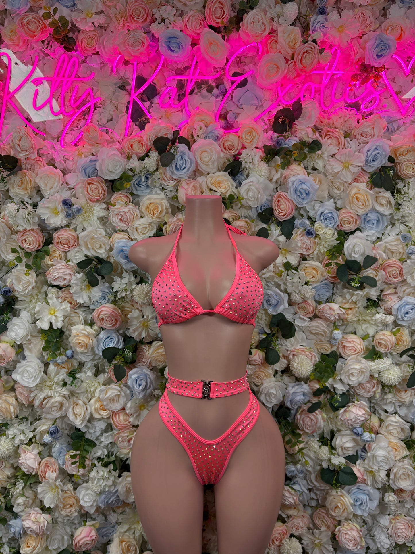 Exotic Dancewear Coral Rhinestone Two Piece set – Rave outfit, rave wear costume, pole dance lingerie, festival bikini