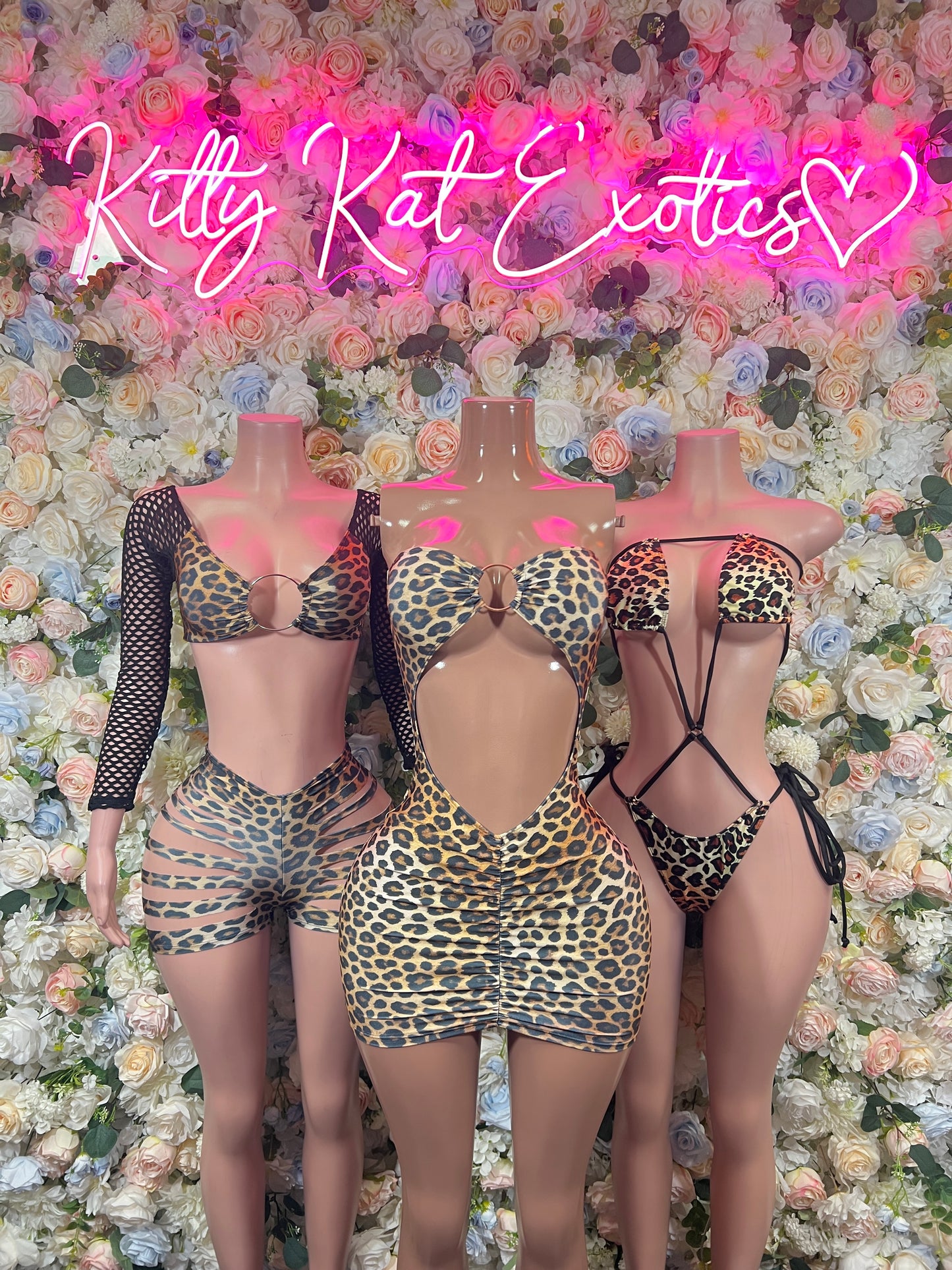 Leopard Print Two Piece Set – Fishnet Sleeve Crop Top & Cutout Shorts, Rave Outfit Dancewear
