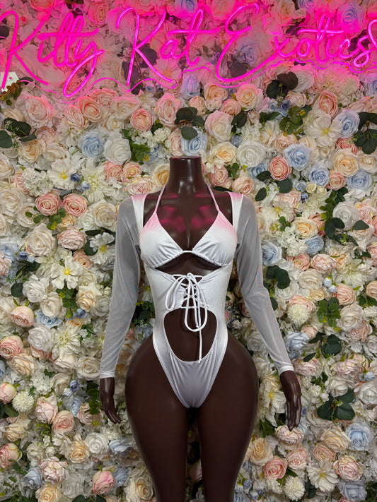 White long-sleeve one-piece bodysuit with double cutout front and adjustable lace ties