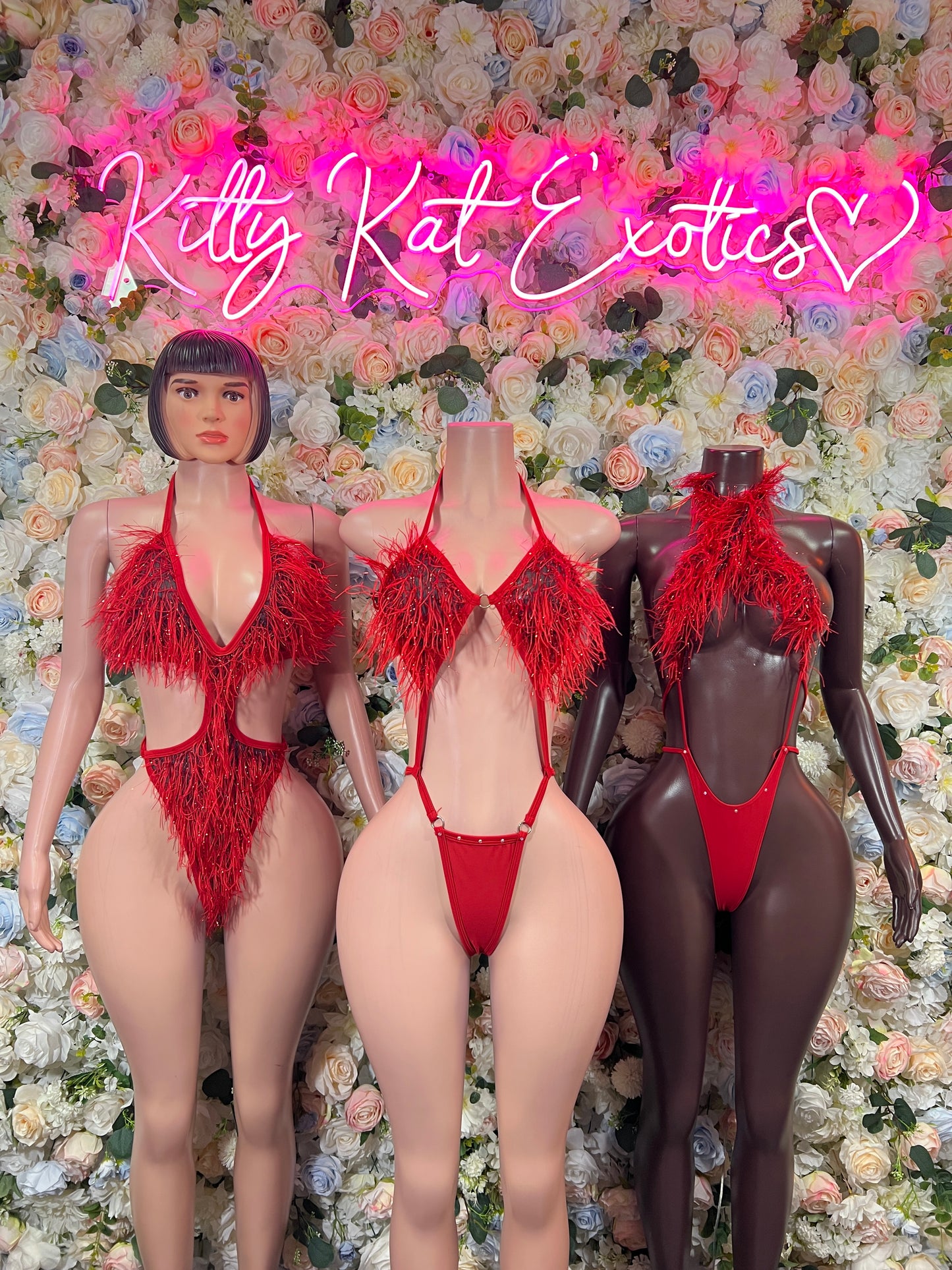 Red Feather Fringe Bodysuit Rave Festival Exotic Dancewear Sparkly Glitter Boa Club Outfit