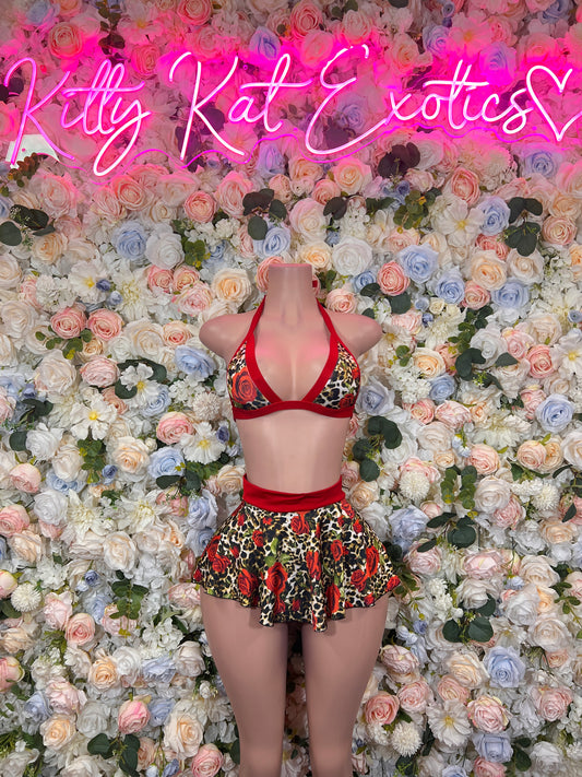 Floral red rave two-piece set: red triangle bikini top and leopard-floral mini skirt