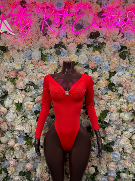 Red long-sleeve bodysuit with V-neck and black sheer side panels
