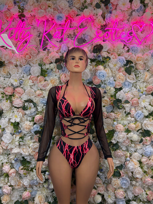 Lace-up one-piece bodysuit in red and black with deep V neckline and sheer sleeves