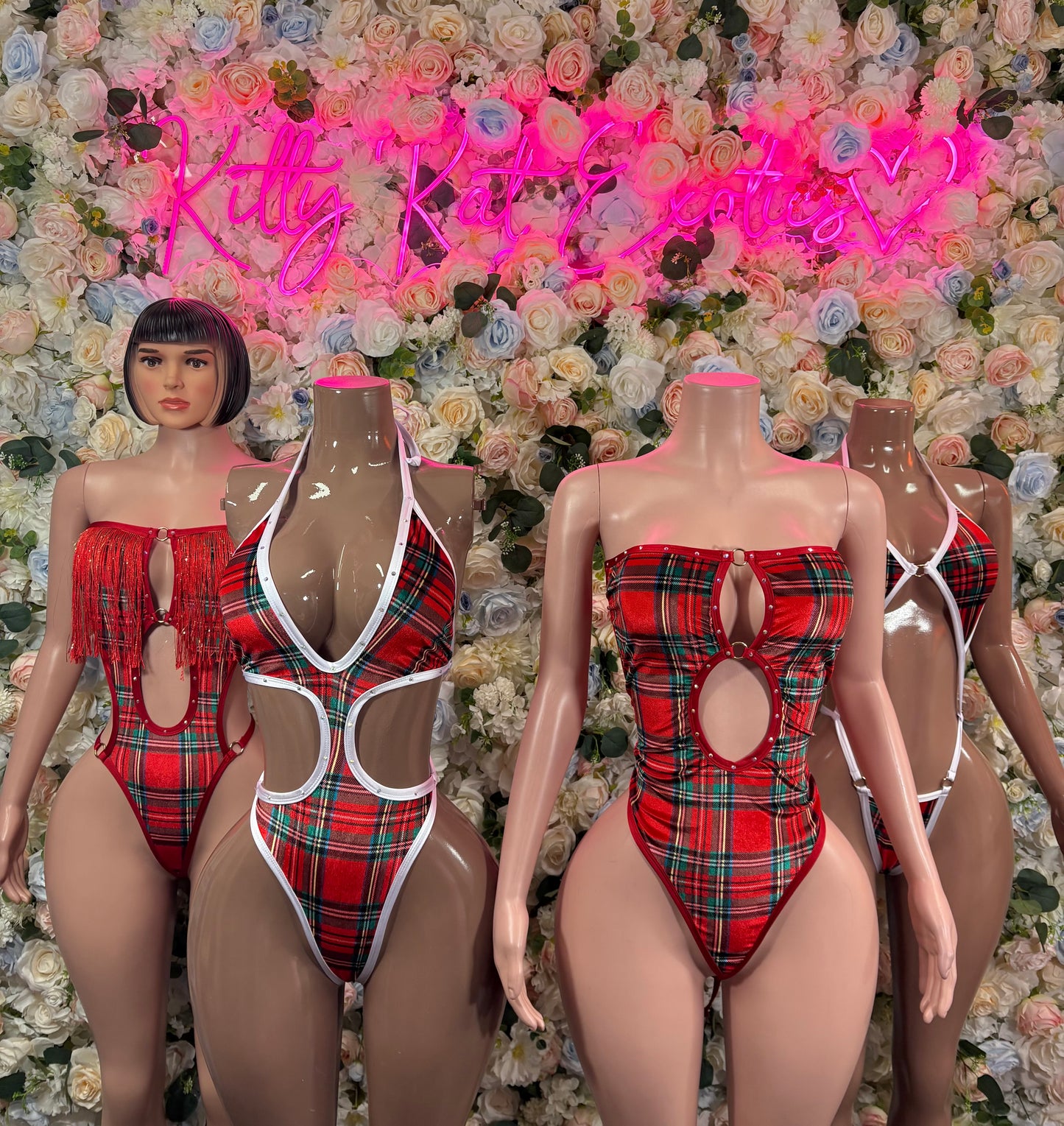 Red plaid sleeveless holiday bodysuit with keyhole front cutout and lace tie strings