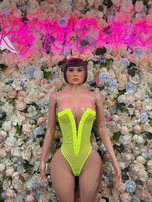 Bottlegirl One-Piece Fishnet Bodysuit - Neon Green  | Exotic Dancewear for Performers, Raves, & Festival Clothing