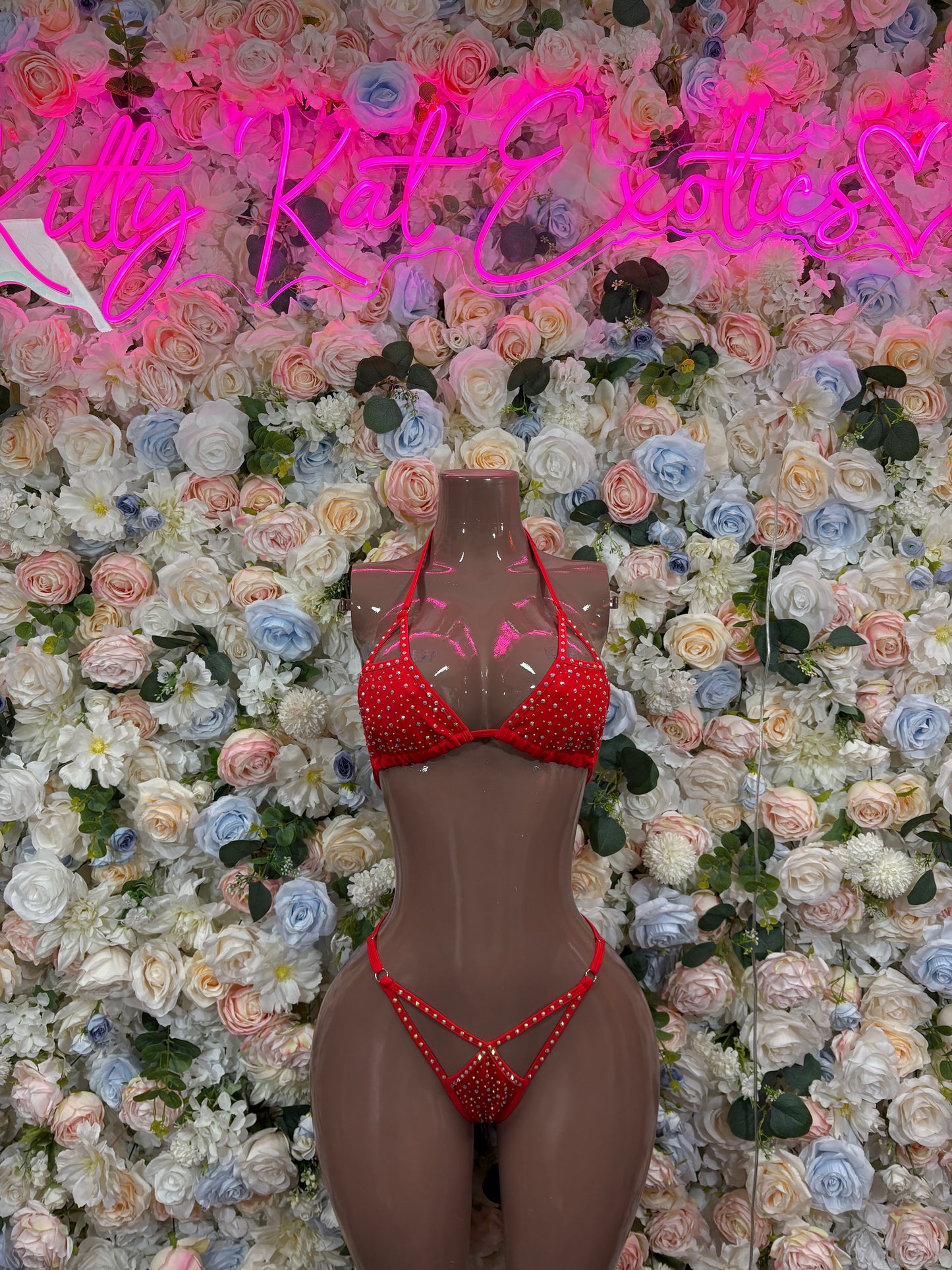 Rhinestone Bikini Set Red Two Piece Exotic Dancewear