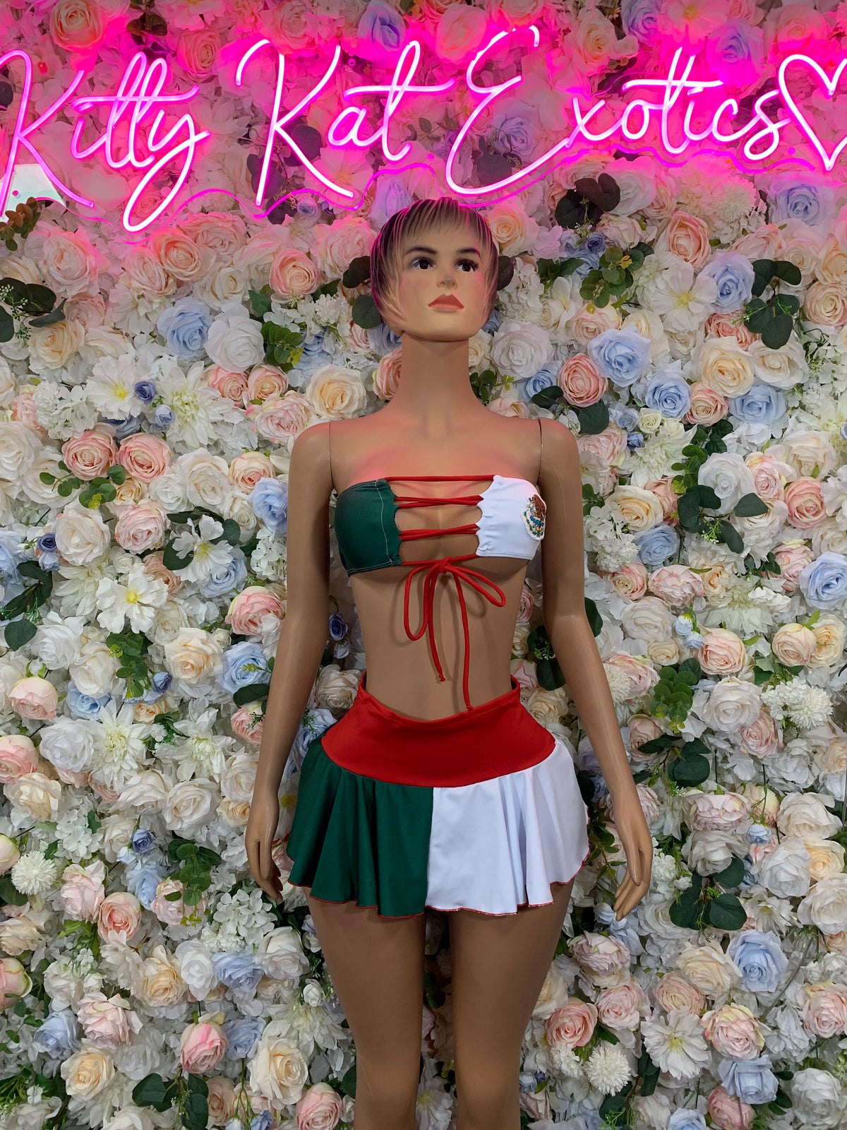 Mexico Flag Two Piece Bottlegirl Set – Lace-Up Bandeau Top & Mini Skirt Outfit