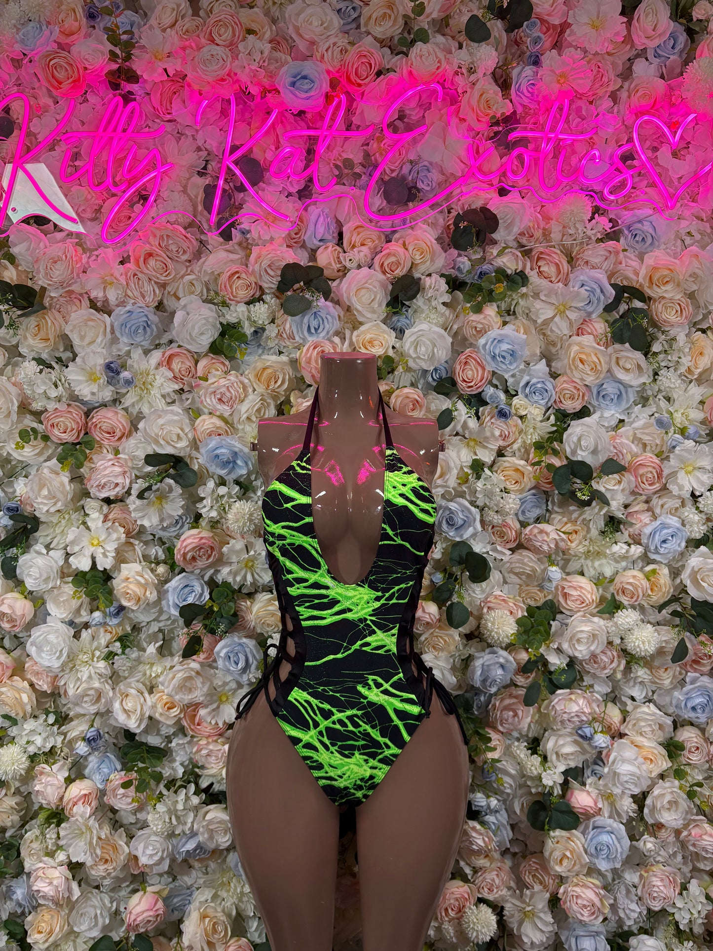 Bottlegirl One-Piece Bodysuit Green and Yellow  Lightening - Custom Design | Exotic Dancewear for Performers, Raves, & Nights Out