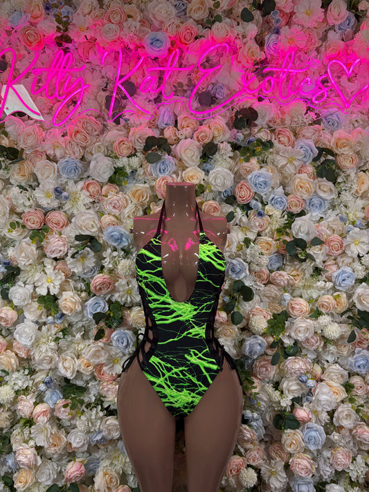 Bottlegirl One-Piece Bodysuit Green and Yellow  Lightening - Custom Design | Exotic Dancewear for Performers, Raves, & Nights Out