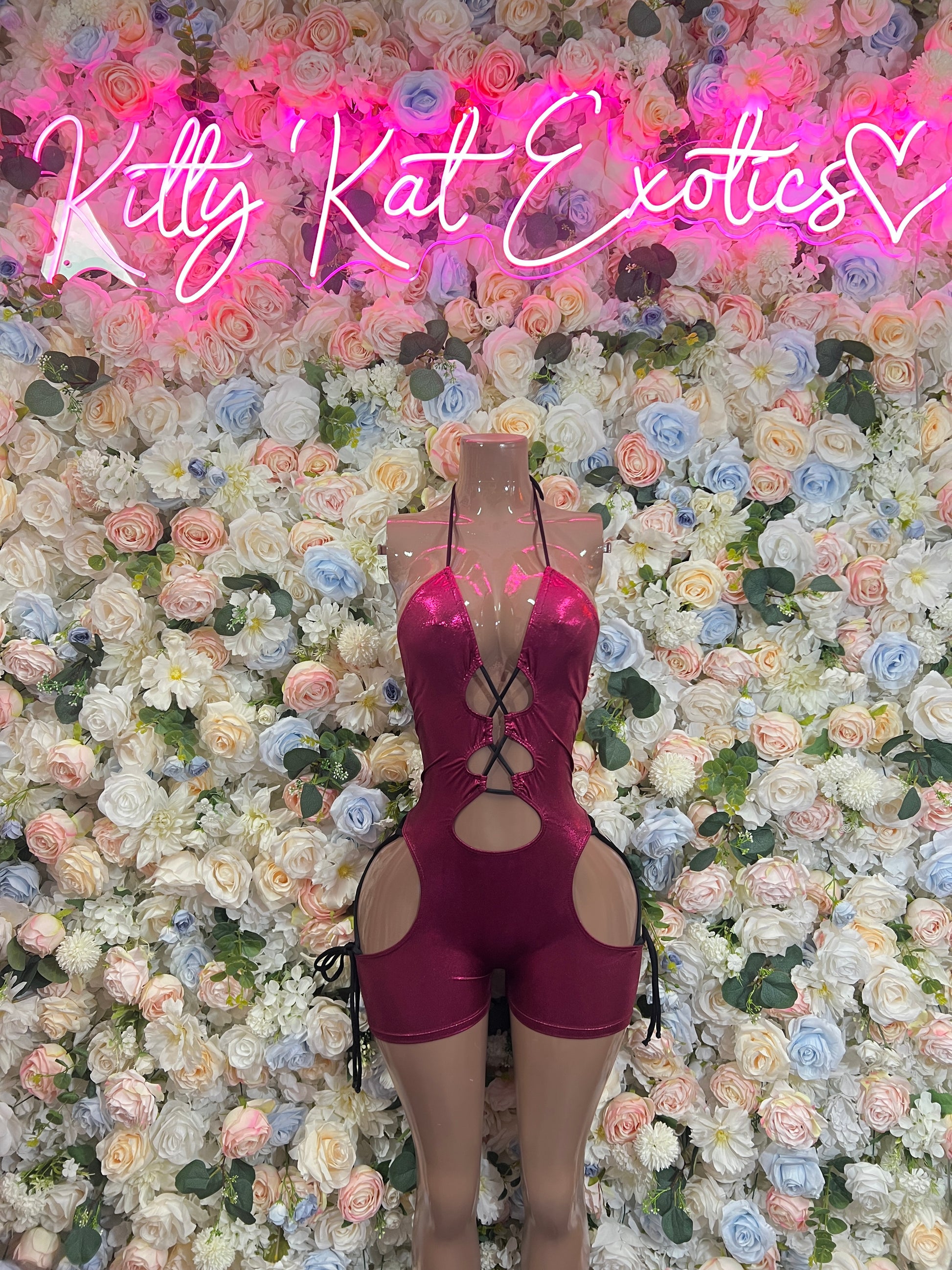Burgundy dance bodysuit with lace-up crisscross back and oval chest cutout