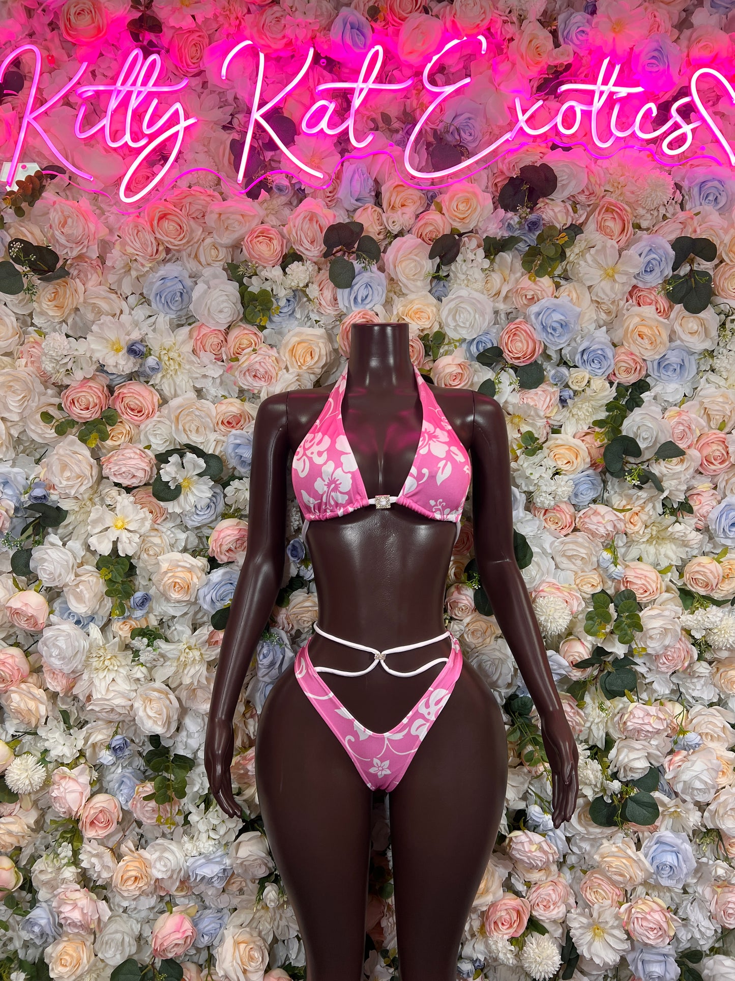 Pink White Floral Print Bikini Two Piece Outfit