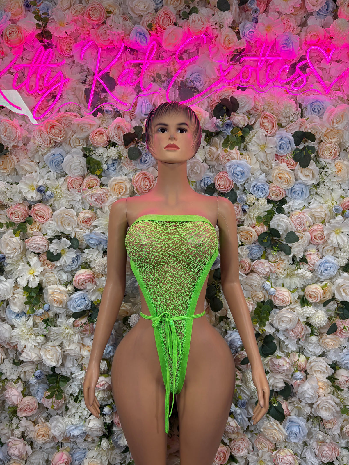 Neon Green Fishnet Rave Bodysuit, Strapless Mesh One Piece, Festival Outfit, Clubwear, Dancewear, Performance Party Look