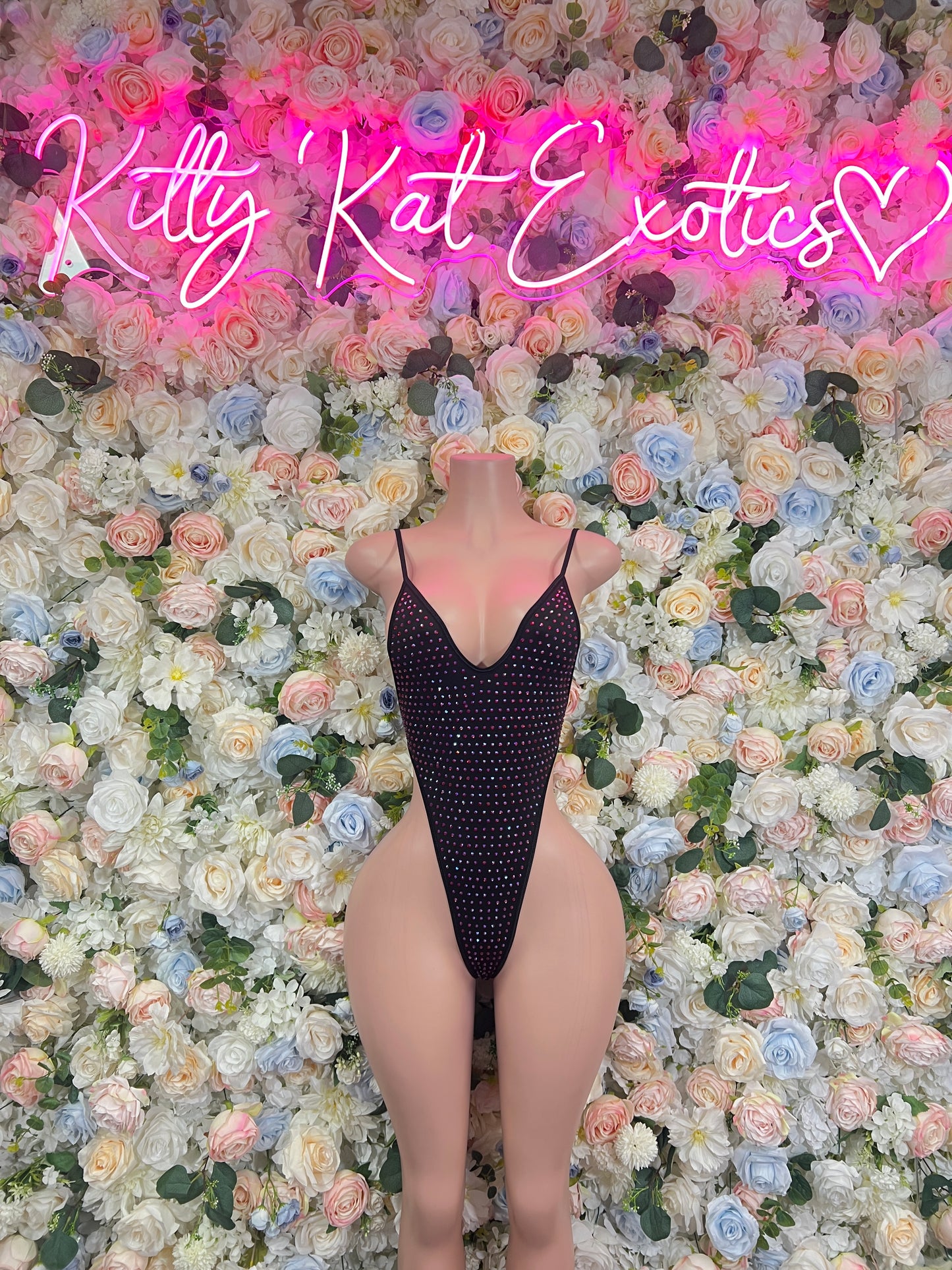 Black rhinestone mesh bodysuit with deep V neckline and high-cut leg