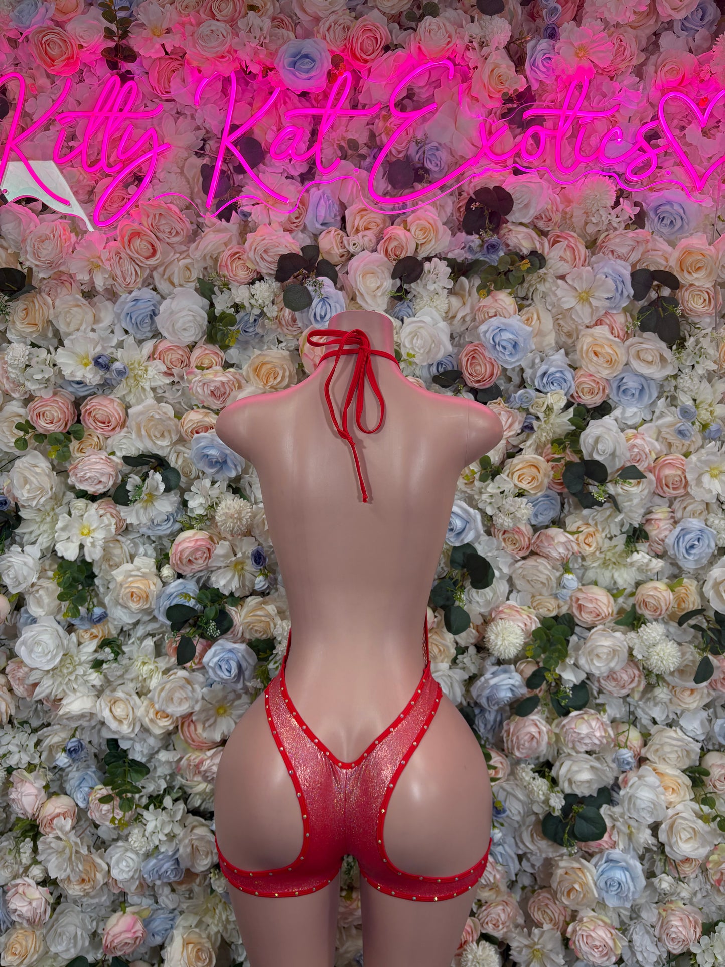 Red fishnet bodysuit backless with crisscross straps and thong bottom