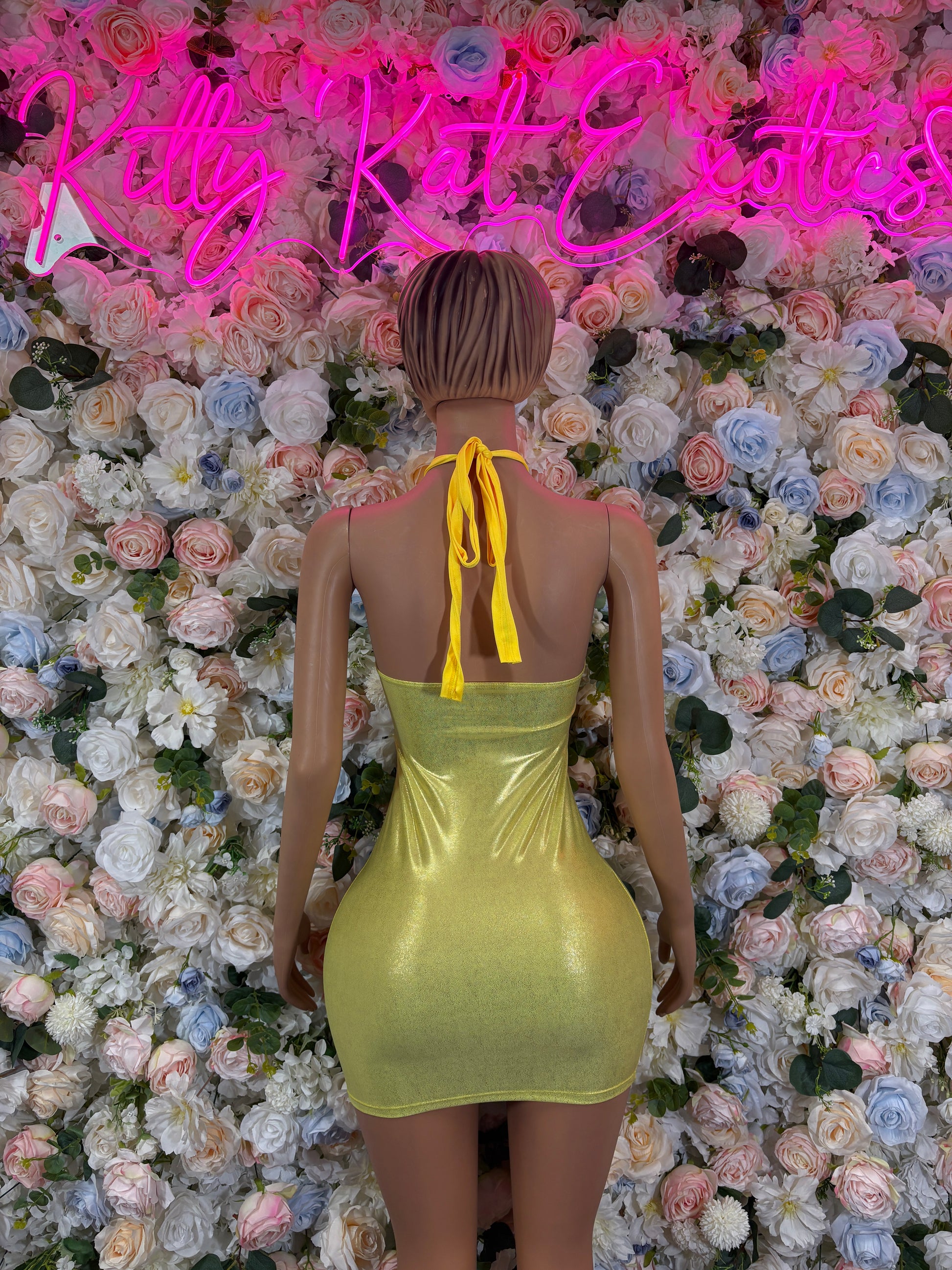 Lime yellow metallic mini dress, open back with tie straps