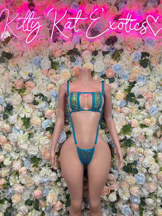 Turquoise blue strappy two-piece dancer set with strappy back and cutout thong