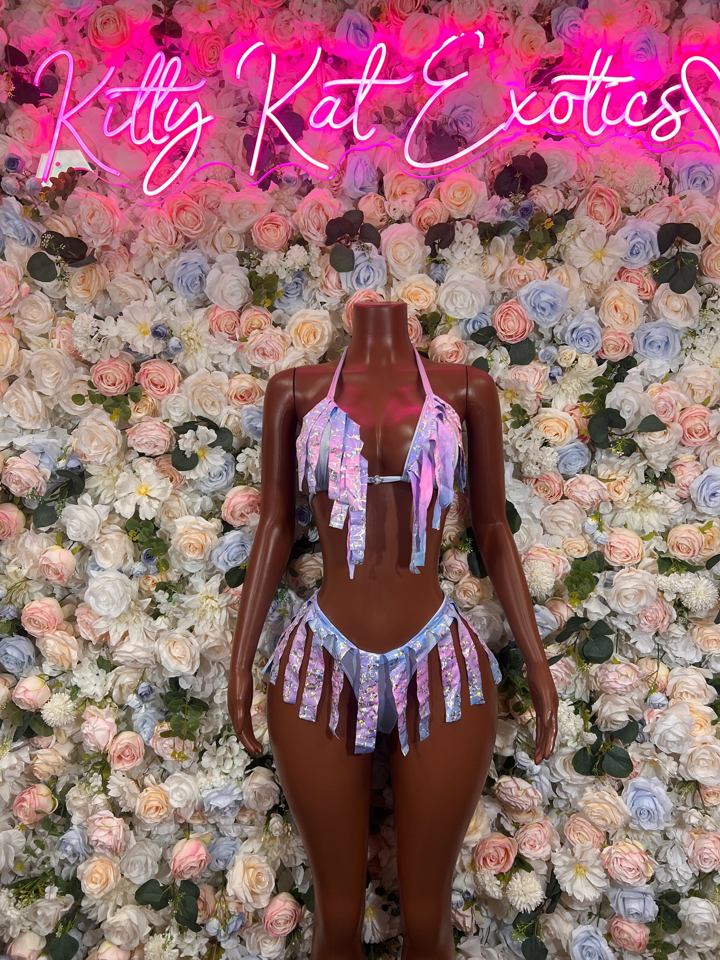 Iridescent holographic rave bikini with halter top and multicolor fringe skirt bottom