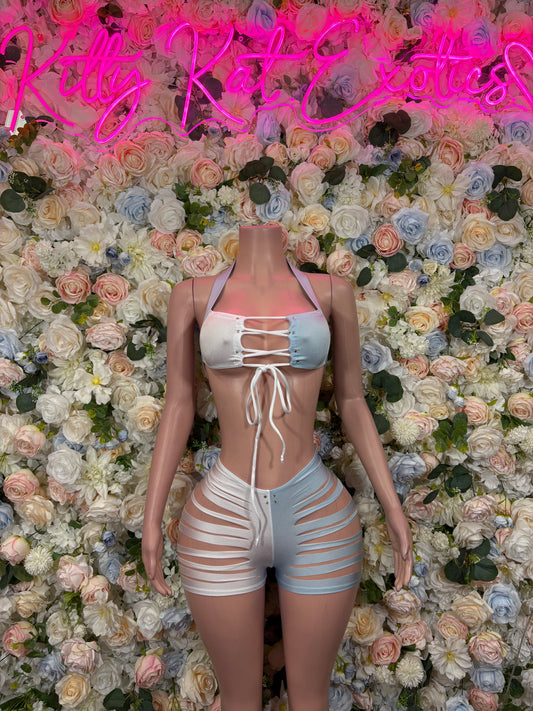 Light blue festival two-piece with white lace-up front and striped side cutout shorts