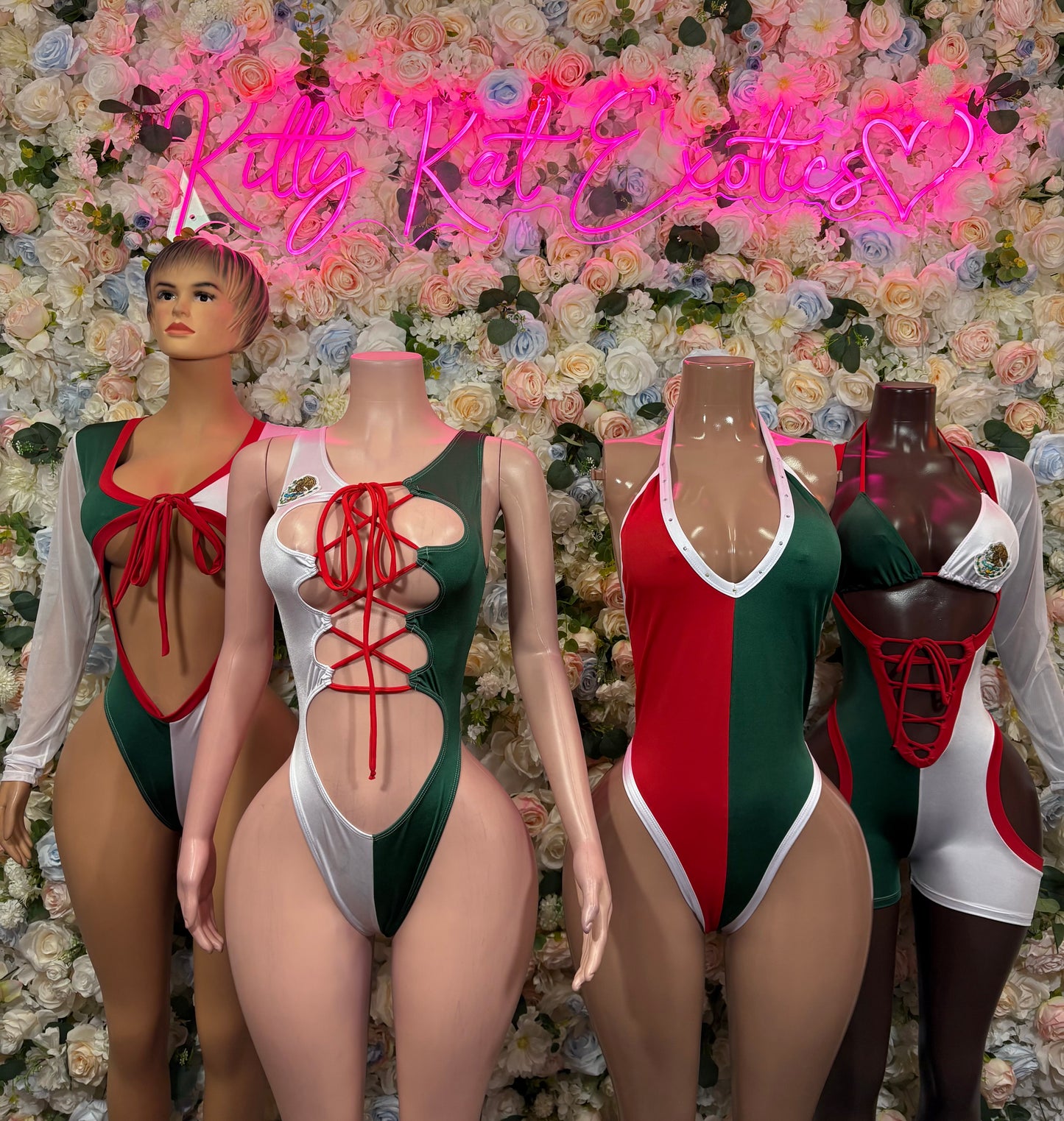 Mexican flag one-piece bodysuits with red lace-up fronts and green sides