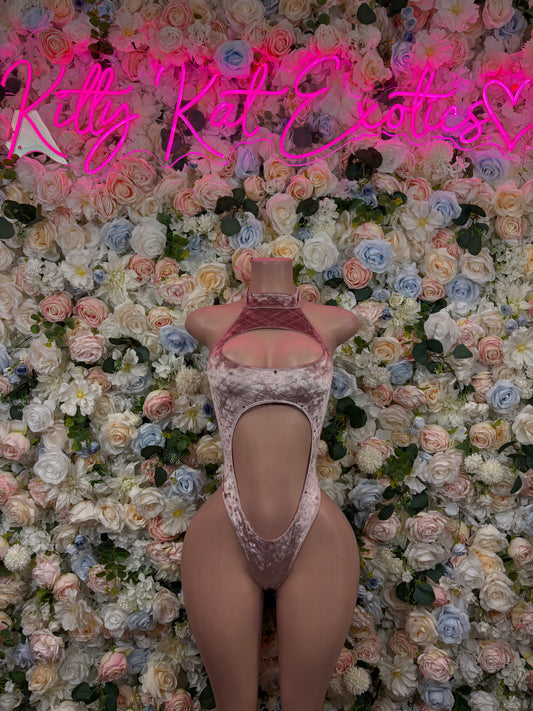 Velvet bodysuit with open back and high-cut legs, pink nude