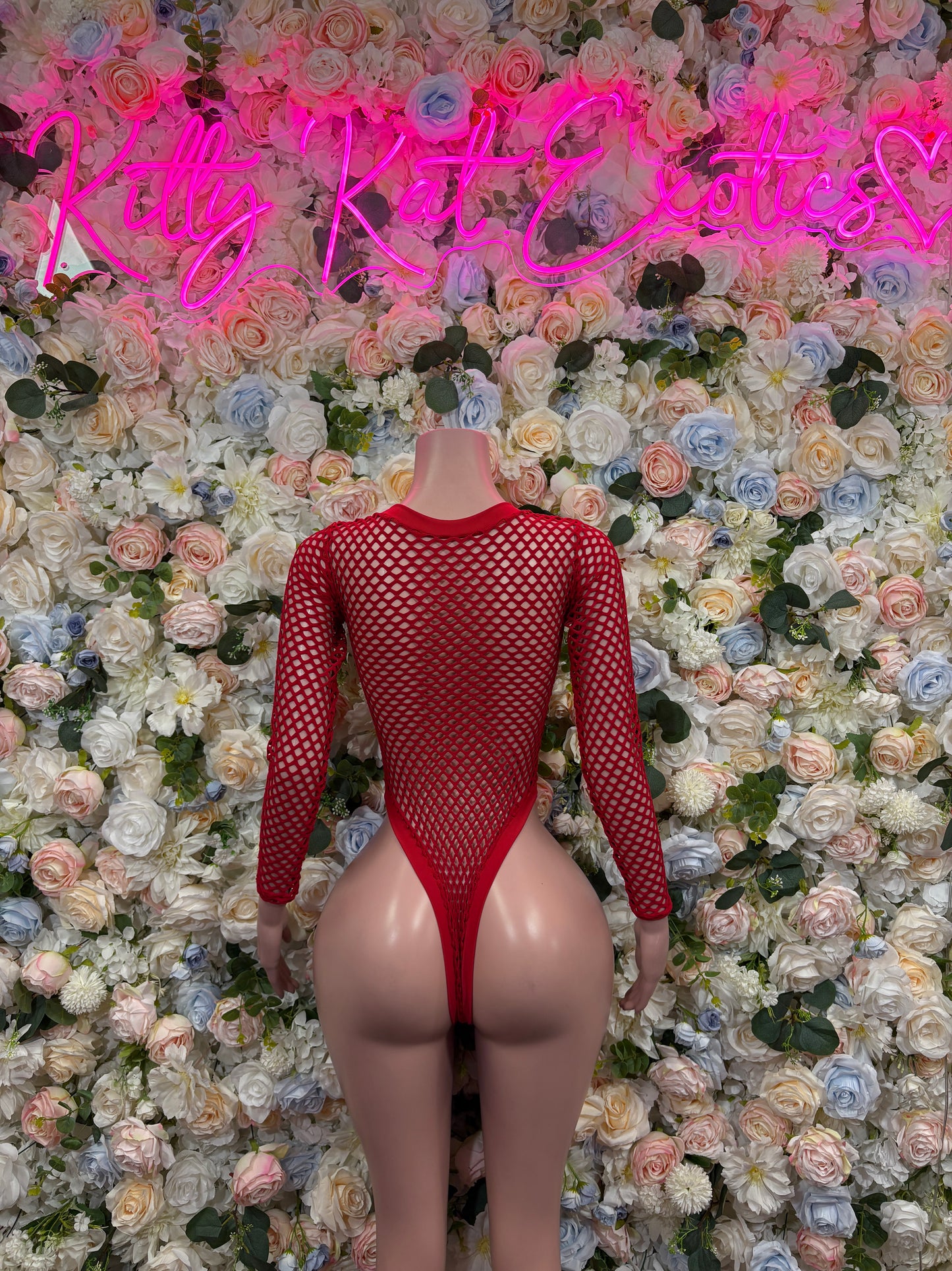 Bottlegirl Red Fishnet Bodysuit - Bottle Service Outfit, Rave Festival Clubwear One Piece Dancewear