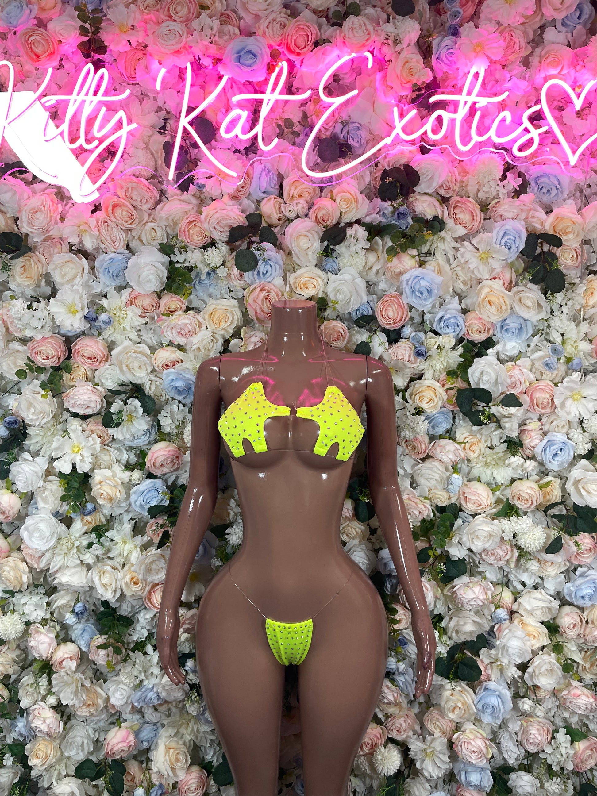 Neon green rhinestone bikini set: triangle top and matching thong bottoms
