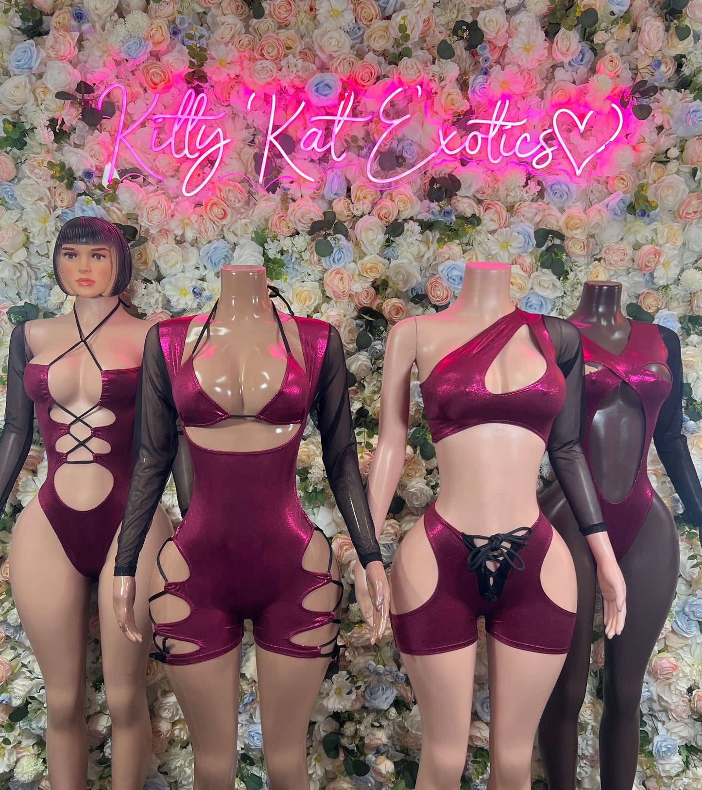 Burgundy dance bodysuit with mesh long sleeves and lace-up back cutout
