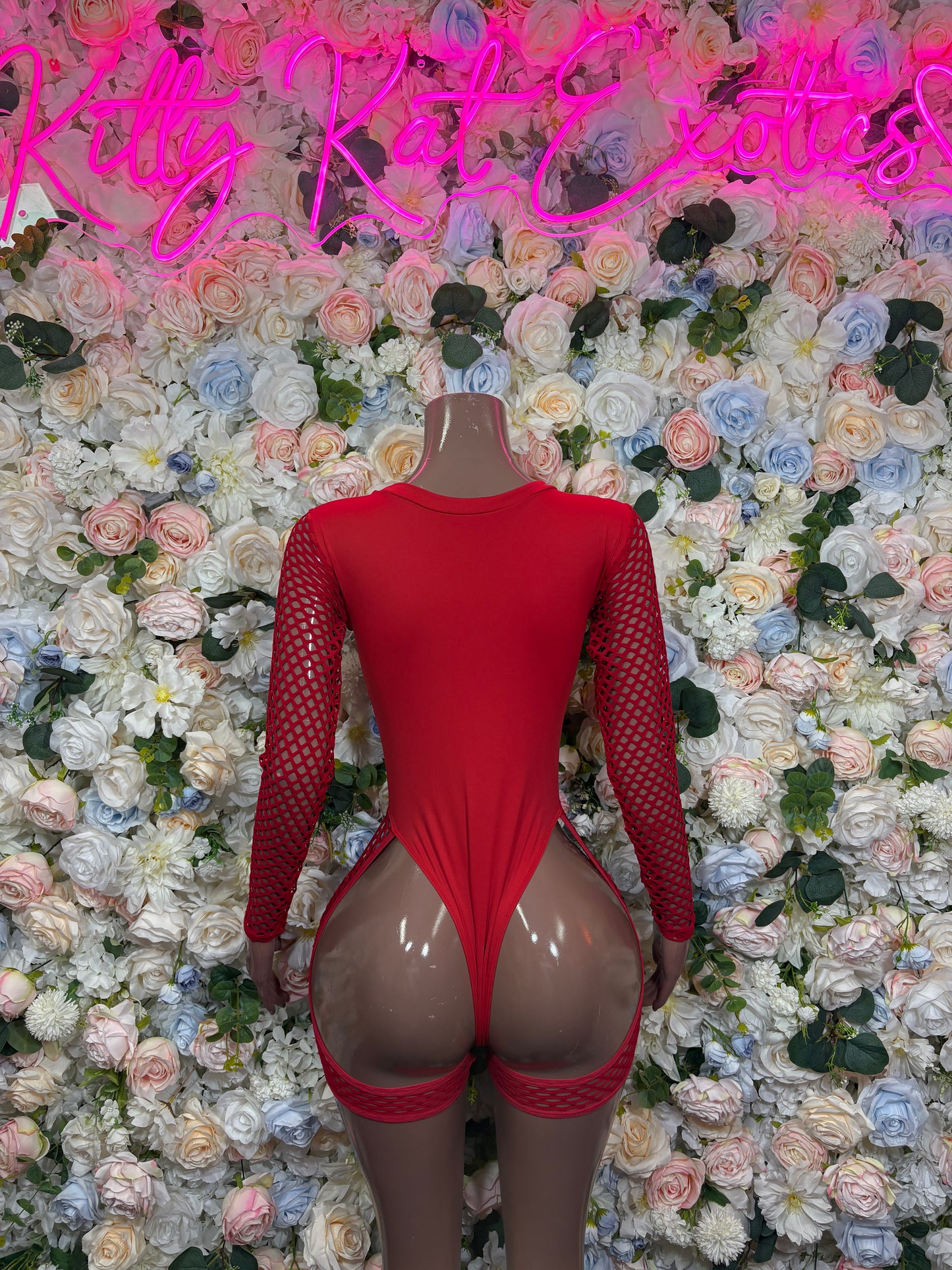 Red long-sleeve fishnet bodysuit with high back cutout and thong-style back view