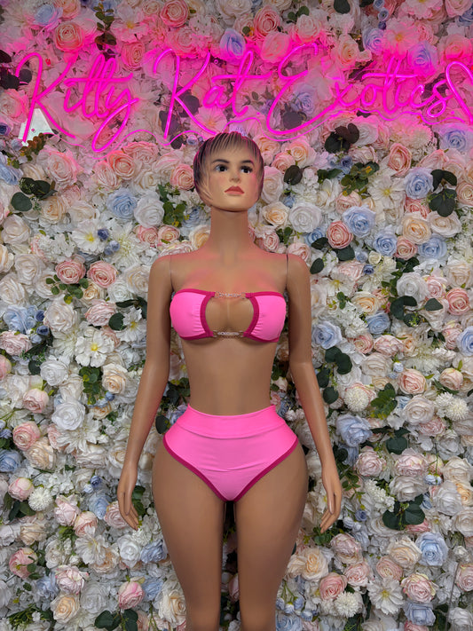 Pink two-piece dancewear set with bandeau bra top and high-rise bikini bottoms, front view