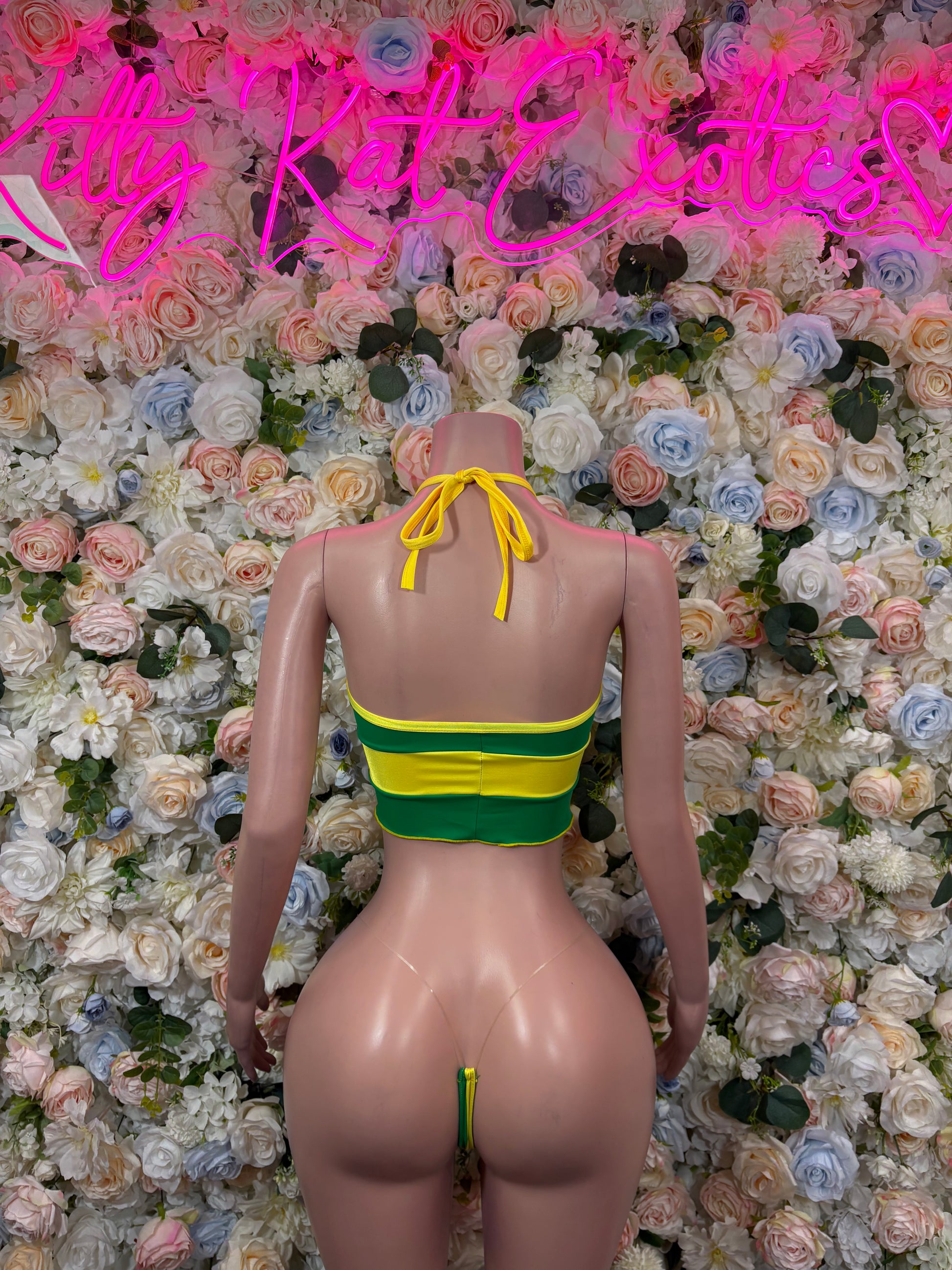 Back view of green and yellow two-piece bikini swimsuit with tied crop top straps