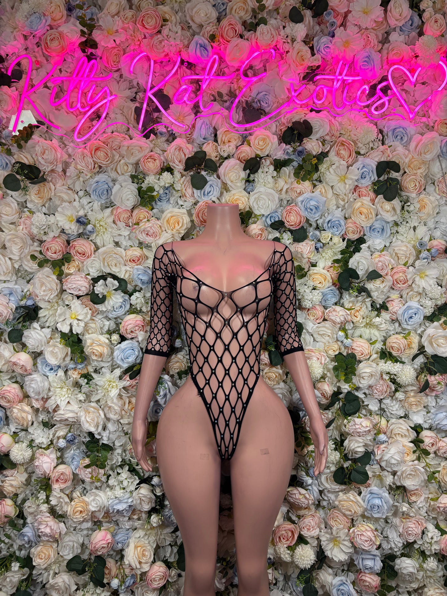 Black Rhinestone Fishnet Bodysuit, Sheer Mesh One Piece, Sparkly Rave Festival Outfit Clubwear