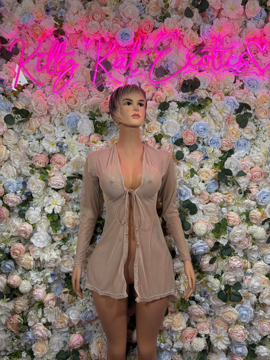 Nude satin mini dress with deep V neckline, long sleeves, and tie-front detail