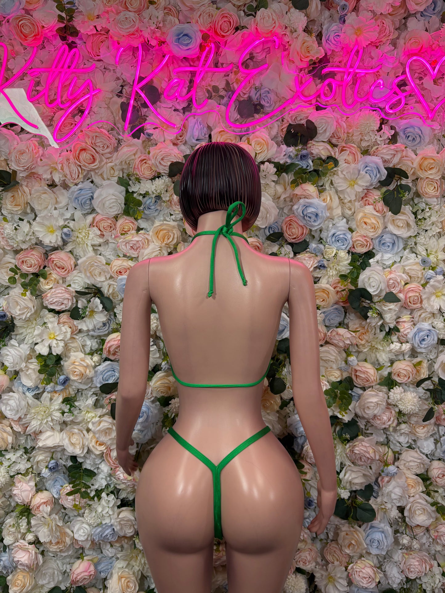 Bottlegirl green bikini set back view with halter neck tie and high-cut thong-style bottoms