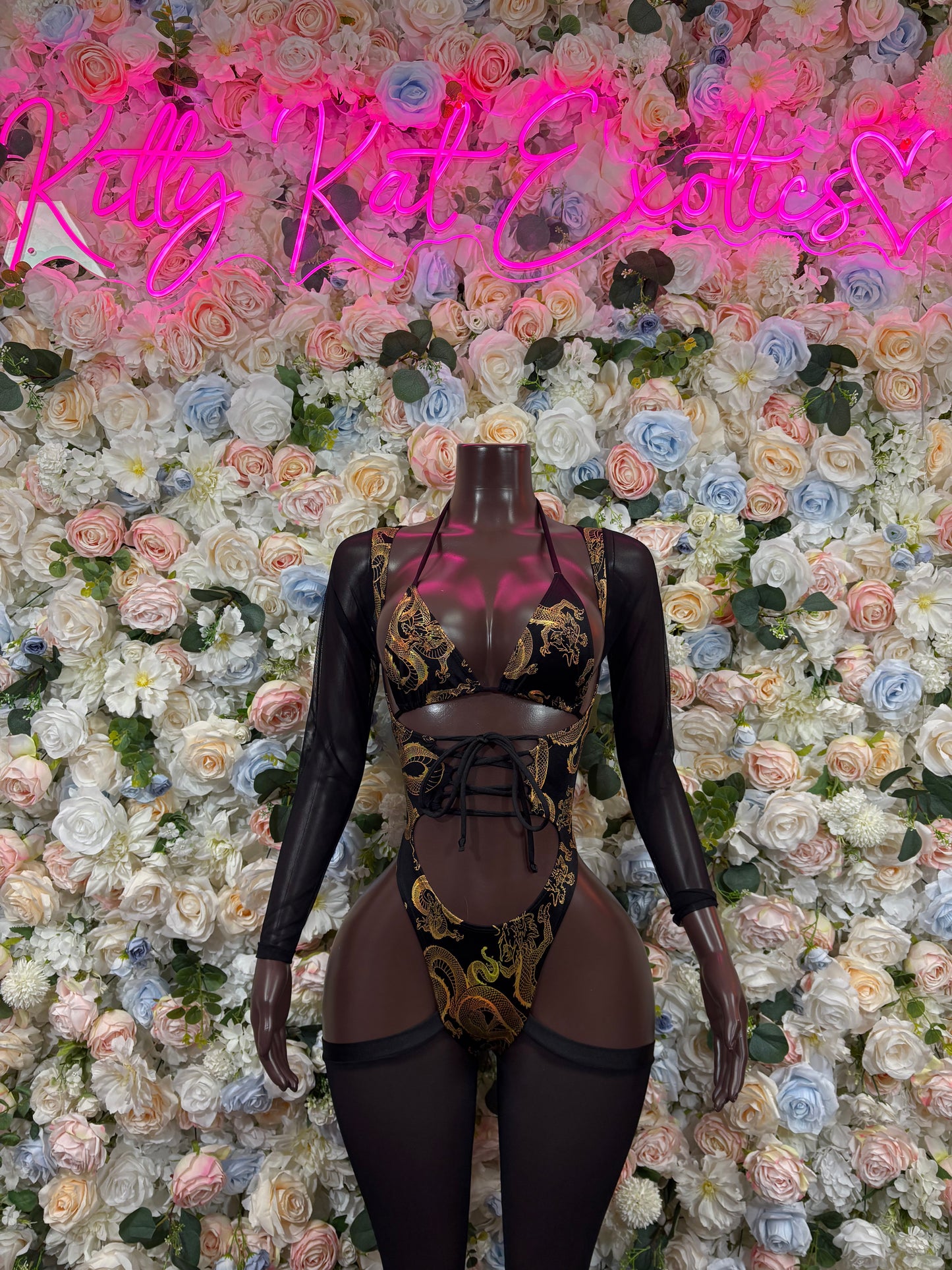 Black bodysuit with gold dragon print, lace-up front and cutout back