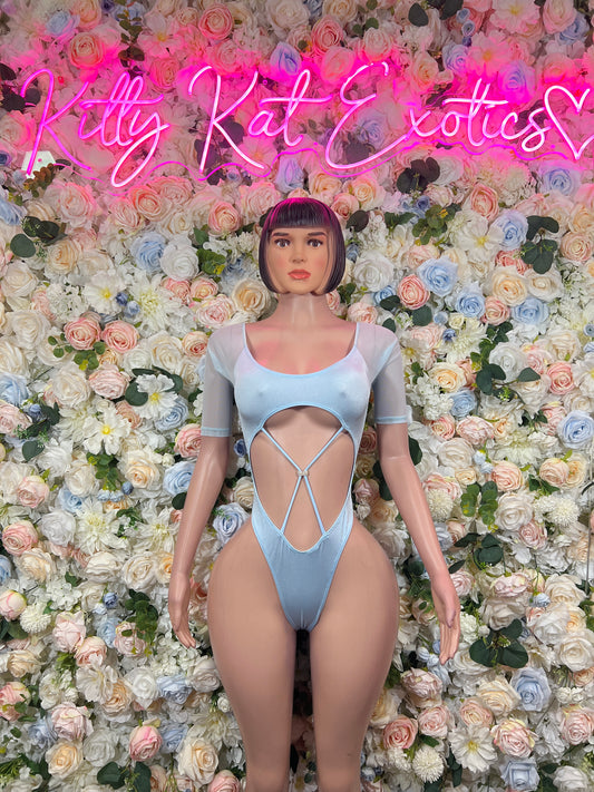 Light blue short-sleeve one-piece bodysuit with lace-up center cutout