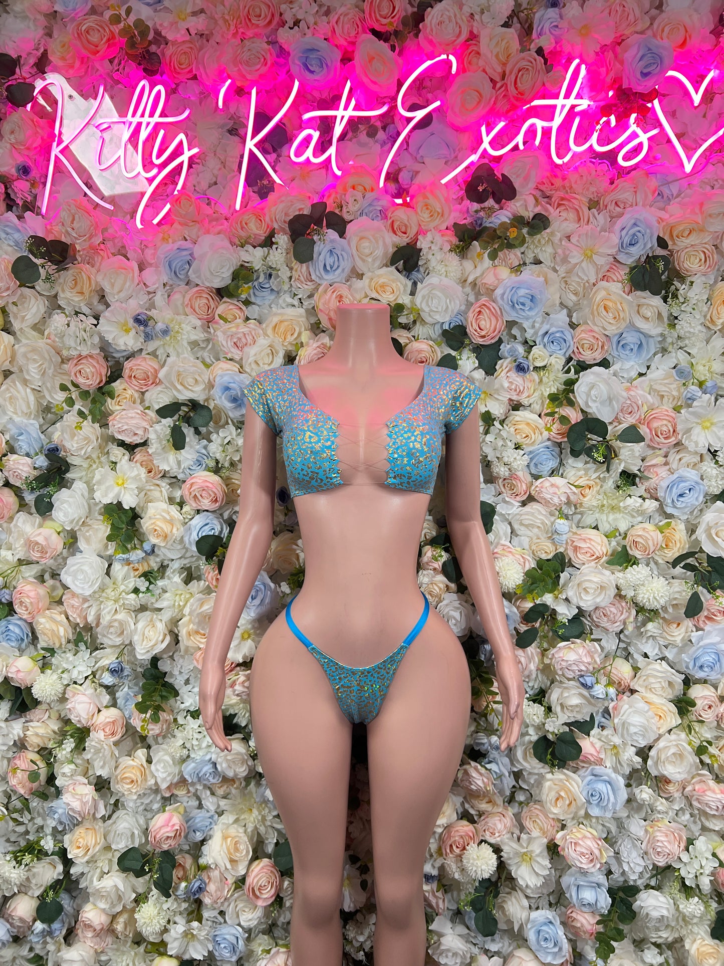 Rave wear Aqua Cheetah Two Piece Outfit, Bartender Uniform, Rave Festival Wear, Exotic Dancewear, Clubwear Costume, Waitress Set