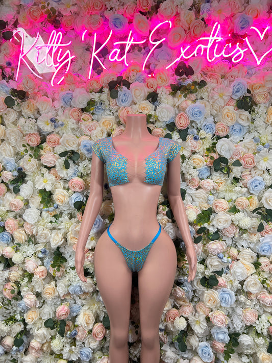 Rave wear Aqua Cheetah Two Piece Outfit, Bartender Uniform, Rave Festival Wear, Exotic Dancewear, Clubwear Costume, Waitress Set