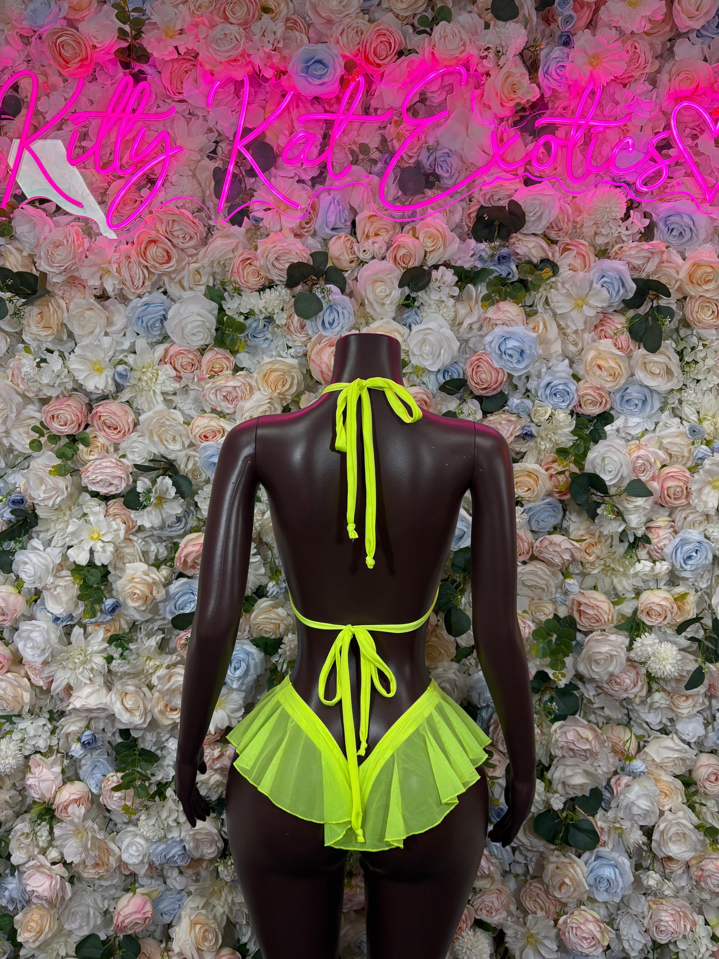 Neon green rave two-piece set, halter strings and ruffled back bikini bottom
